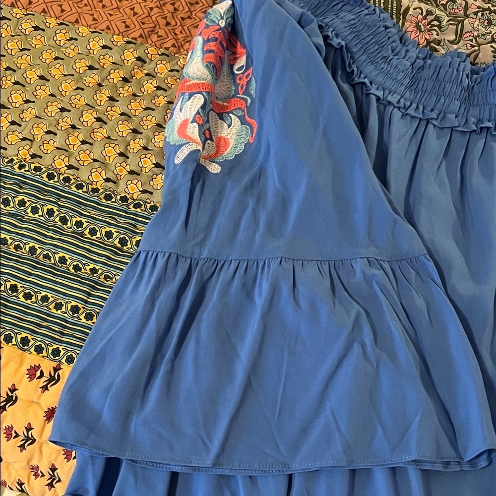 Lilly Pulitzer Blue Off-Shoulder Blouse with Coral Embroidered Arms, NWOT, L - Picture 10 of 10